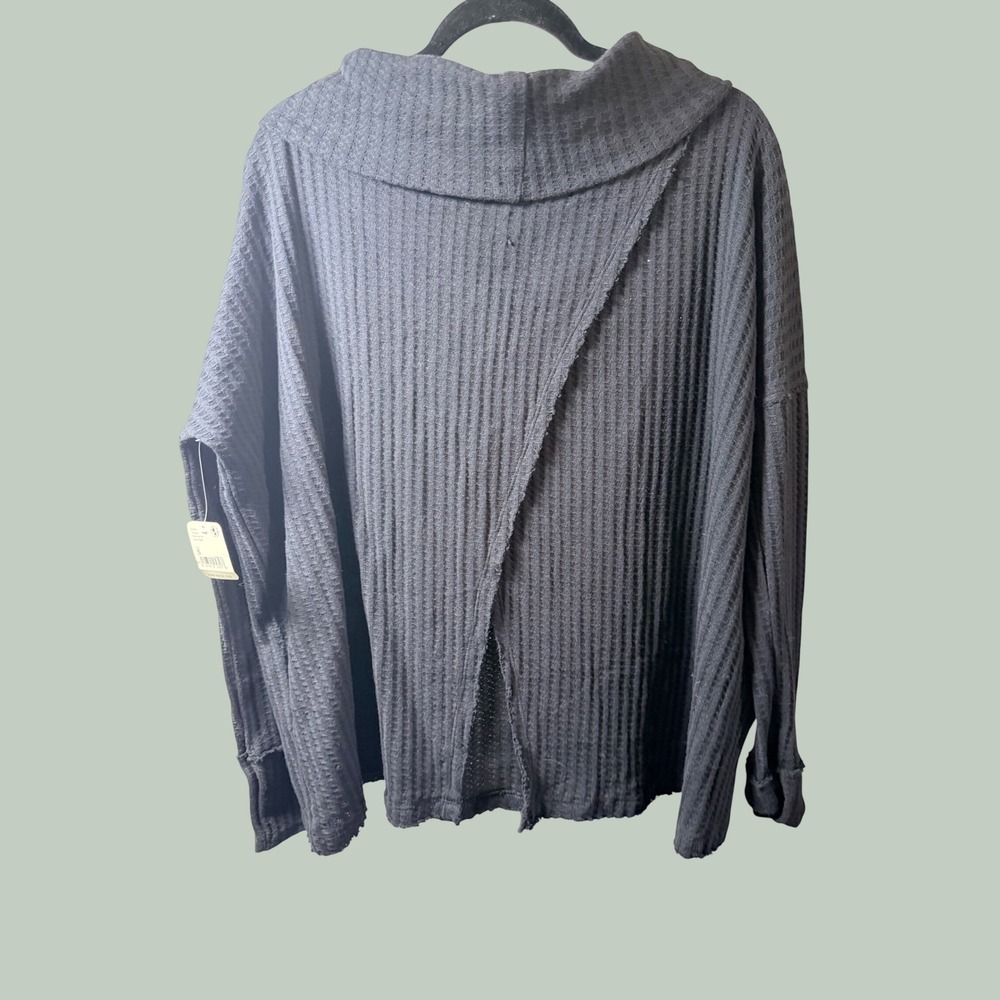 Free People charcoal Waffle Knit Cowl Neck Thermal Split Back - Picture 2 of 7